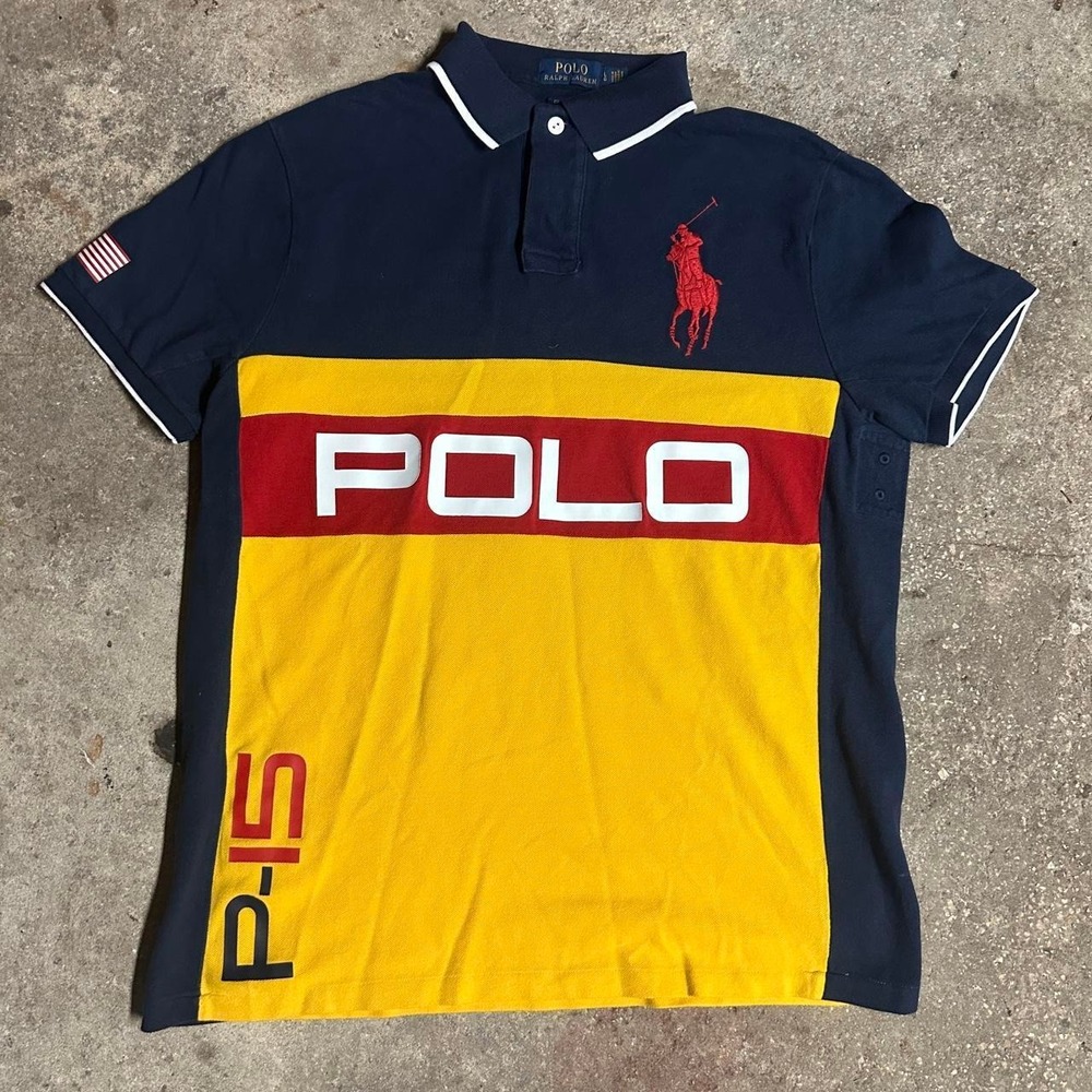 Polo Ralph Lauren yellow navy color block P-15 USA Polo Shirt Size Large